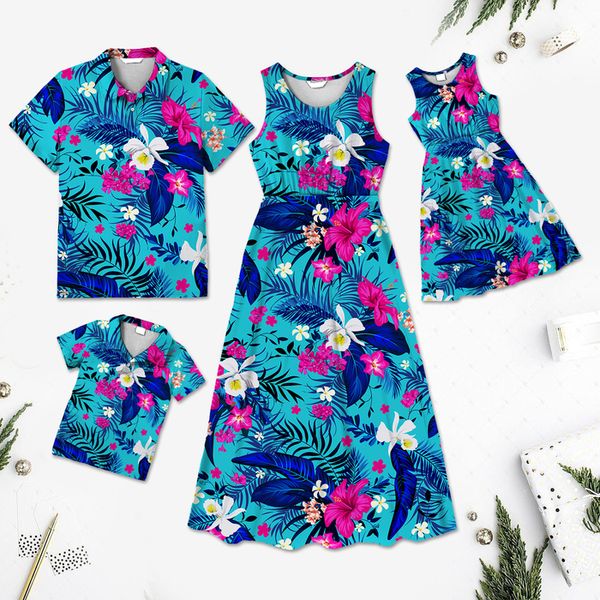 

family matching outfits family matching outfits solid round neck flutter-sleeve splicing hawii floral print dresses short sleeve shirts set, Blue