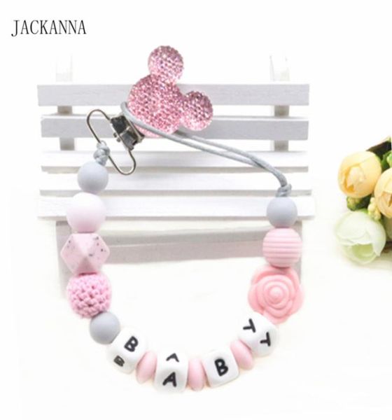 

customized name baby pacifier clips mouse head pacifier holder chain silicone beads baby teething chain nursery toy shower gifts1077972