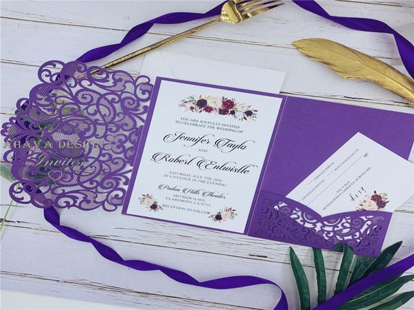 

shimmery purple laser cut pocket wedding invitation suites customizable invites with respond card and envelope 1785847, Black