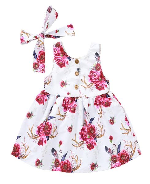 

girls cottonpolyester floral print sleeveless dresses and headband baby round neck skirt and hair band two pieces zht 3943371651, Red;yellow