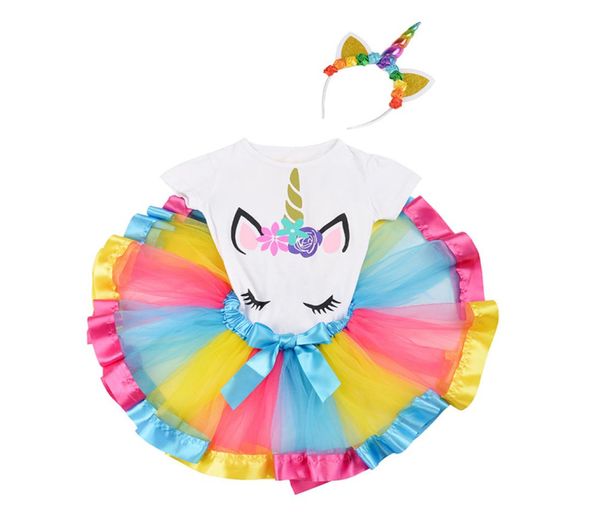 

8 styles unicorn tshirt dresses head hoop 3 piece suit unicorn girls tutu dress princess dress kids designer clothes girls dhl 1633200, Red;yellow