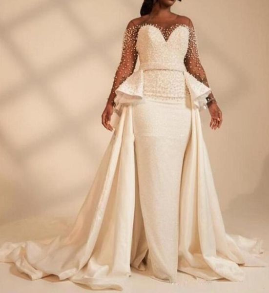 

long sleeves plus size mermaid wedding dresses with overskirt pearls beaded illusion african 2020 bridal gowns customized vestidos6356499, White