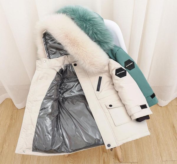 

real fur white duck down coats 2022 winter children midi length down jacket new warm kids boys thicken coat hooded baby snowsuit6897379, Blue;gray