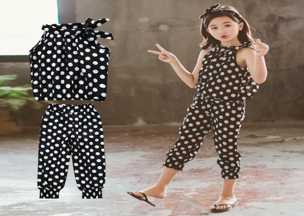 

children clothing sets 2020 summer girls sports suit cotton dot sleeveless pants 2pcs teen girls clothes 4 6 8 10 12 years2454738, White