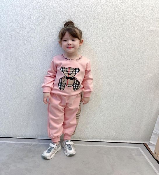 

2021 spring new girl designer outfits kids cute bear plaid casual clothing sets plaid long sleeve trousers 2pcs suits s8106699394, White