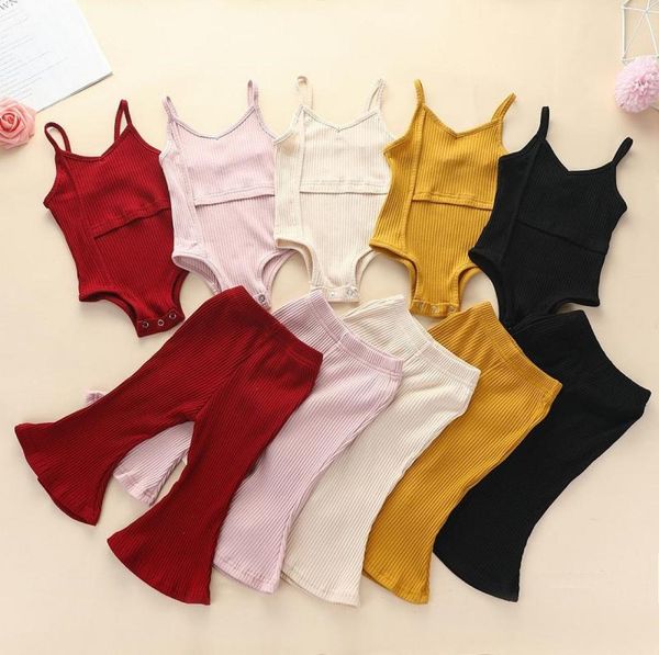 

baby clothes kids clothing sets girls summer solid color article pit rompers flare pants suits child sleeveless sling jumpsuit sui7398962, White