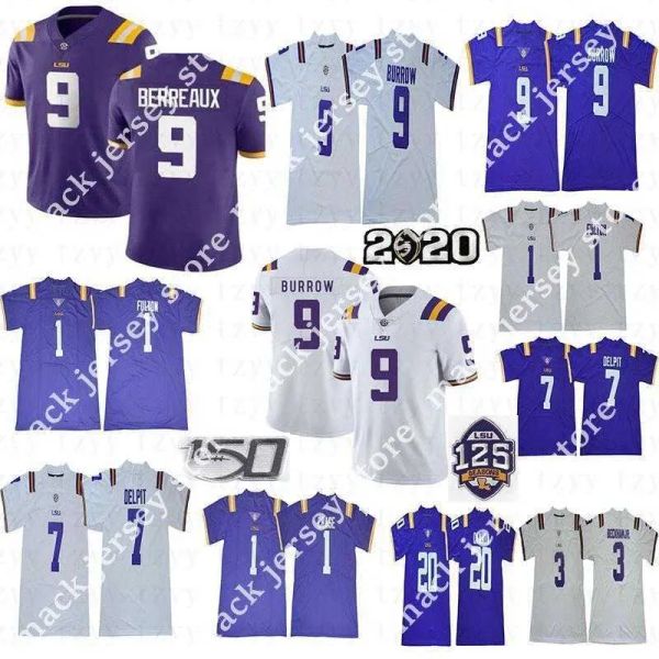 

custom 9 joe burrow ncaa lsu tigers burreaux college 2020 peach bowl 7 grant delpit kristian fulton chase beckham jr. stitched football jers, Black