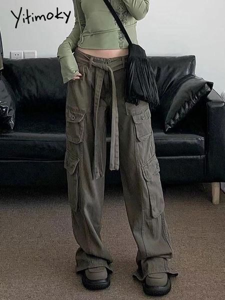 

jeans yitimoky vintage more pockets cargo jeans women streetwear high waist wide leg pants casual baggy straight denim trousers 2022, Blue