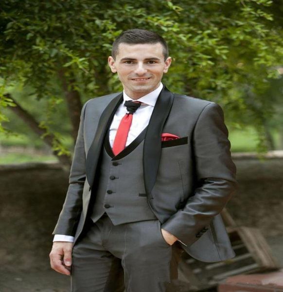 

new stylish design one button dark grey groom tuxedos shawl lapel groomsmen man suits mens wedding suits jacketpantsvestt9006909, Black;gray