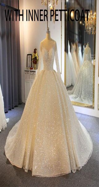 

with inner petticoat sparkling ball gown wedding dresses sheer jewel neck appliqued sequins long sleeves lace bridal gowns abiti d6778231, White