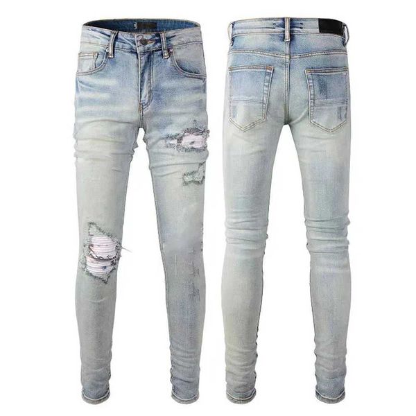 

designer stack jeans european purple jean men embroidery quilting ripped for trend brand vintage pant mens fold slim skinny fashion jean kql, Blue