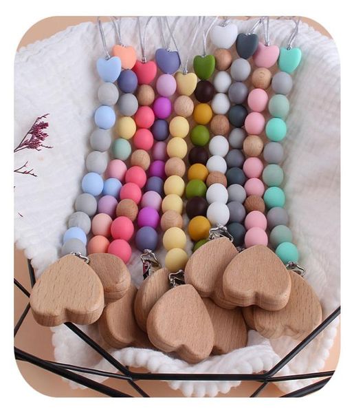 

10 colors new love heart wood pacifier clip baby diy creative pacifier chain cartoon silicone beads wood pacifier holders z22366030015