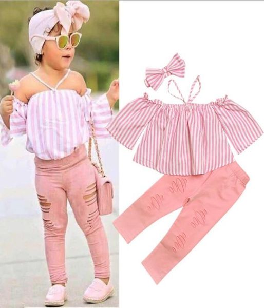 

girls clothing sets summer baby kids girls offshoulder shirt stripe tshirt pants children clothes sets8472958, White