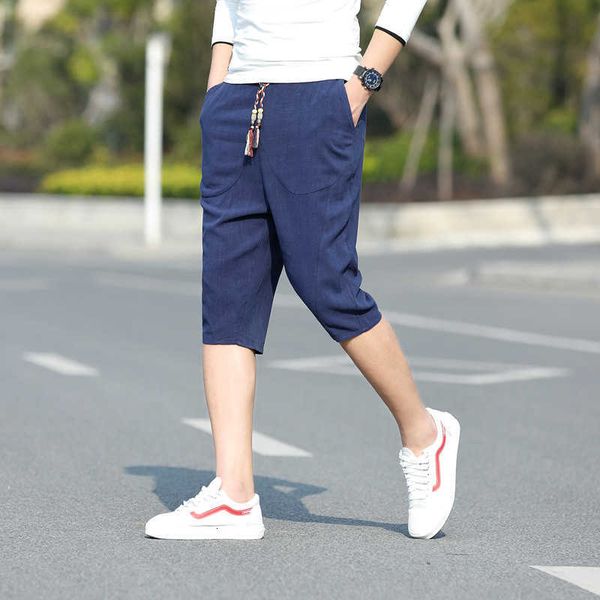 

summer men's loose fitting cropped shorts fashionable thin cotton linen large casual harlan pants, White;black