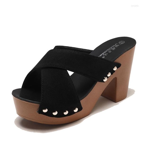 

slippers summer women square high heel platform flock casual rivet pumps peep toe female elegant ladies shoes zapatos de mujer, Black