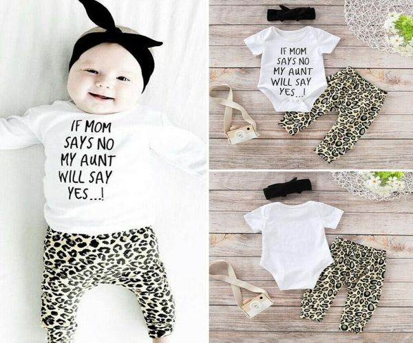 

3pcs set newborn baby boy girl short sleeve letter print cotton bodysuit leopard pant trouser headband outfits baby clothes3175892, White