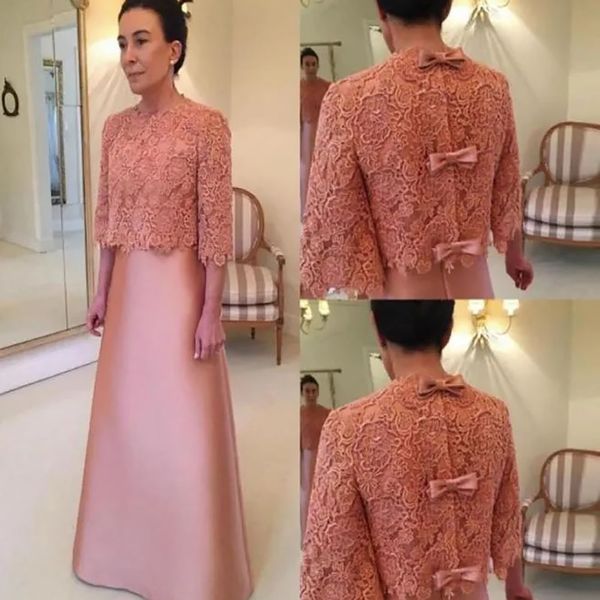 

mother's dresses formal mother of the bride two pieces a line o-neck floor-length none train new custom with half sleeve satin lace bow, Black;red