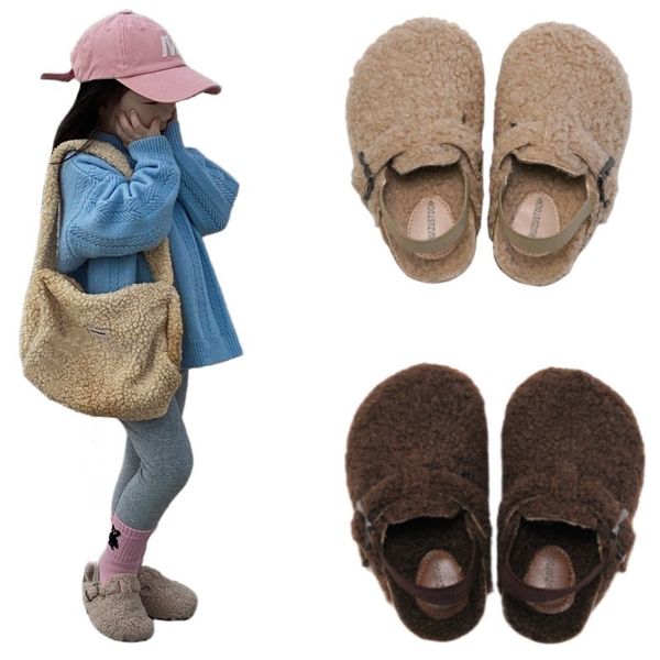

sandals children's fleece elastic clogs baby boys girls plush slipper winter warm soft sole shoes anti-slippery footwear 230703, Black;red