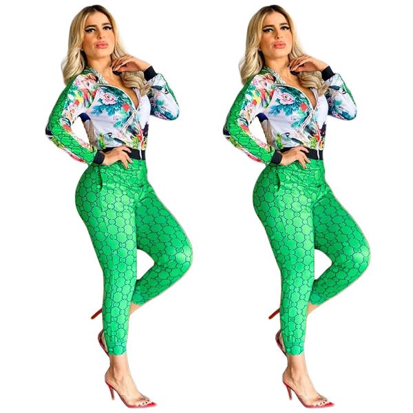 

new zipper two-piece trousers activewear women fashion printed zipper jacket and casual track pants set ship, White