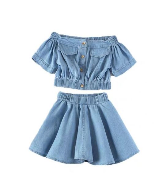 

girls clothes 2020 new fashion demim children clothing set short sleeve shirts skirt 2pcs summer toddler kids costume suits1714214, White