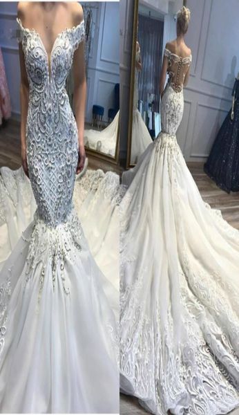 

exquisite heavy handwork 2020 wedding dresses beaded court train off the shoulder tulle net lace mermaid bridal dress wedding gown9970176, White