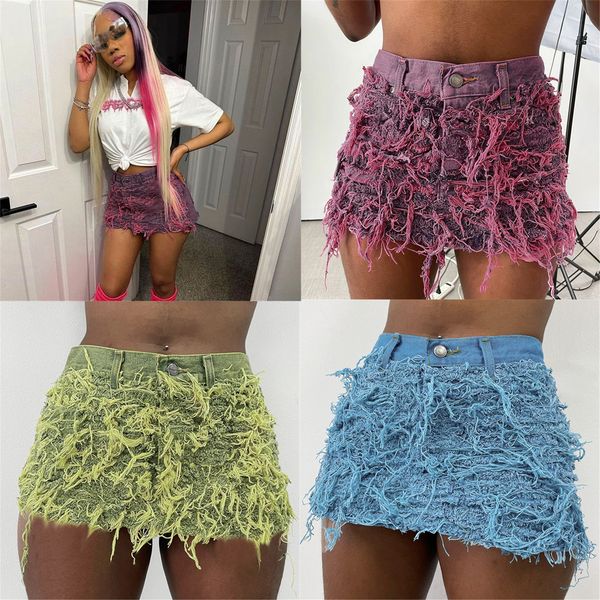 

2023 designer casual streewear denim midi skirts summer y2k retro patchwork bodycon skirt solid color tassel women clothes button wholesale, Black