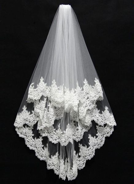 

in stock white short bridal veils two layers with comb lace edge wedding veils voile de mariee lace head veils7591207, Black
