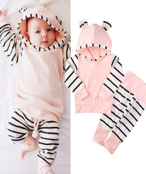 

2016 girls cute suits 02y newborn baby girl039s clothes hoodie striped sleeve tshirtcotton pants 2pcs casu1226100, White
