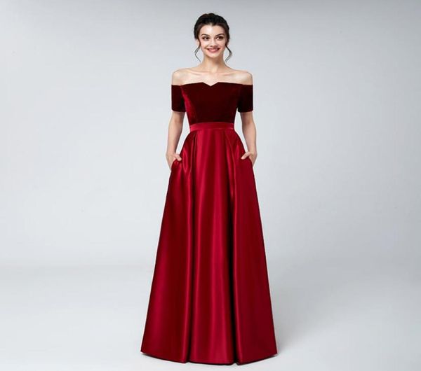 

2019 real red velvet evening dresses plus size off shoulder short sleeves bateau neck satin floor length formal evening prom party5080239, Black;red