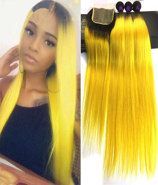 

ombre brazilian straight hair 3 bundles deal with lace closure remy human hair bundles with closure colored 1byellow orange dark 8393137, Black;brown