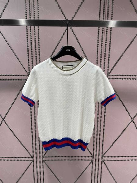

23ss womens designer clothing womens knits round neck color matching stripes hollow logo short-sleeved knit womens clothes, White