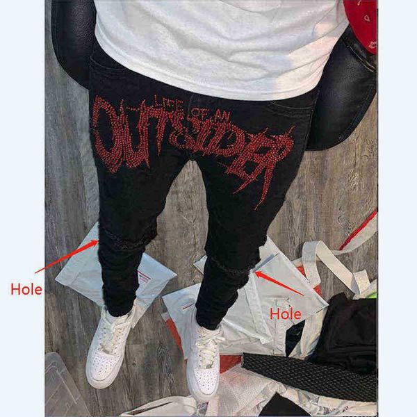 

new mens black jeans jogging retro high waist rhinestones skinny design hole drilling stretch small feet washed denim pants, Blue
