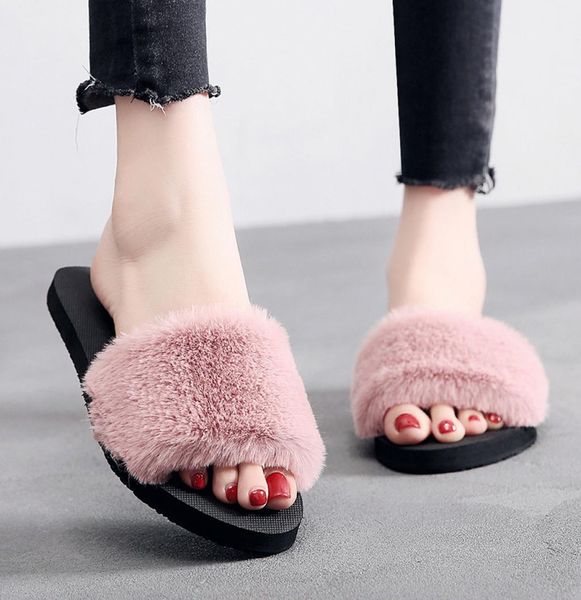 

2019 new slippers slides fur sliders fur flip flops fluffy slides pantoffel antislip winter slippers shoes women 1pairs2pcs8677411, Black;grey