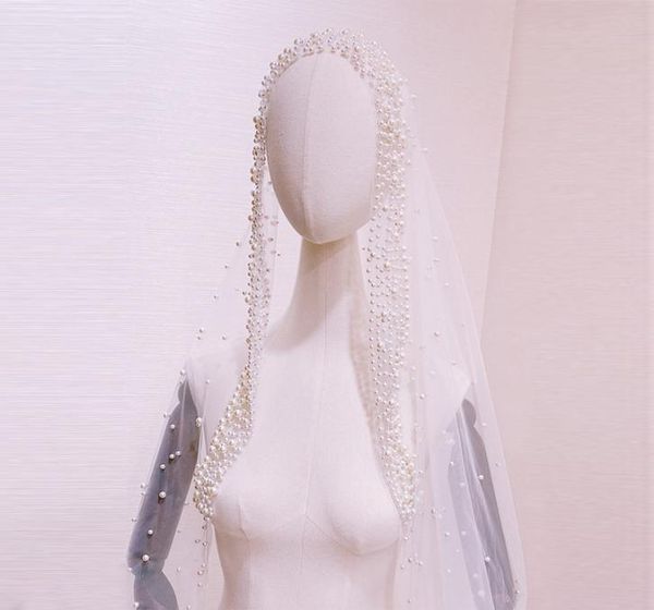 

3 meters ivory wedding veil long pearls beaded velos de novia largos korean style bridal veils bridal hair accessories9949396, Black