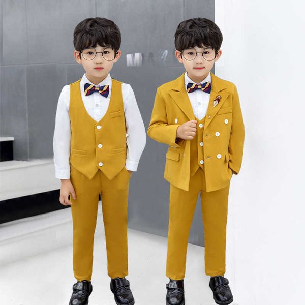 

suits children's formal dress suit set boys double-breasted banquet wedding party performance costume kids blazer vest pants clotheshkd, Black