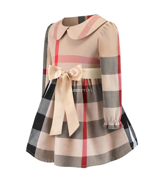 

classic girls plaid dress kids doll lapel falbala sleeve princess dress children ribbon bows belt pleated dress kids clothes f16378251818, Red;yellow