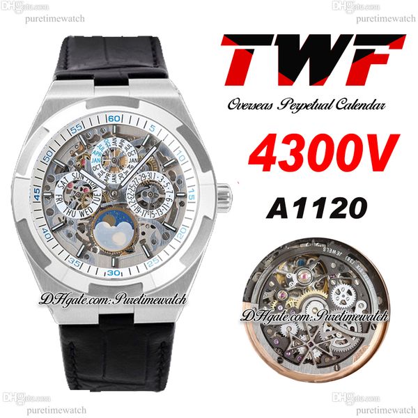 

twf overseas perpetual calendar moonphase 4300v a1120 automatic mens watch steel case white skeleton dial black leather super version reloj, Slivery;brown