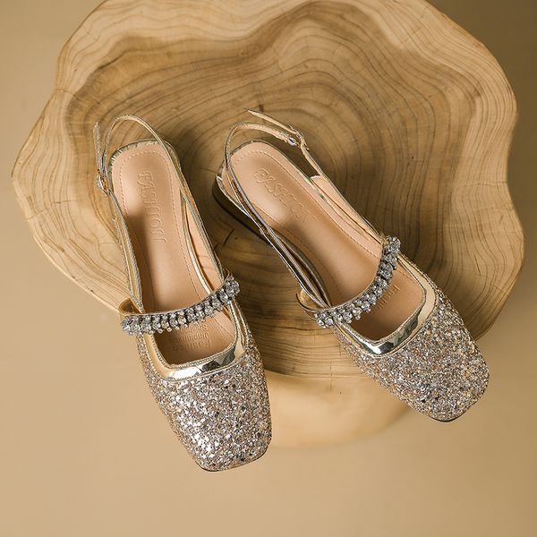 

slippers french sequin crystal summer shoes for women square head sandals low heels cover toe back empty shoe 230703, Black
