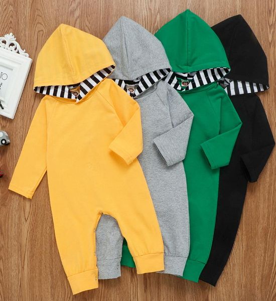 

baby hooded rompers boys striped jumpsuits solid long sleeve bodysuits casual fashion overalls pants boutique climb clothes m10245019701, Blue