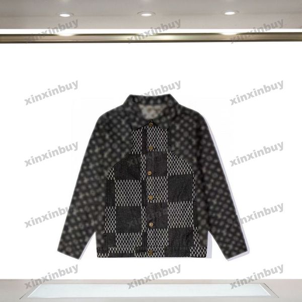 

xinxinbuy men designer jacket coats 23ss plaid denim fabric letter jacquard long sleeve cotton women white blue xs-2xl, Black;brown