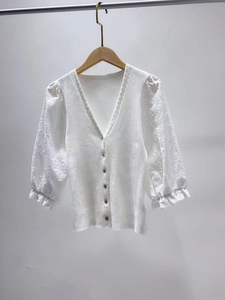 

new -aje hollow flower bubble sleeve panel solid knit shirt, White