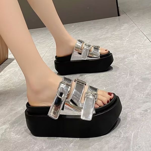 

platform slipper women's summer belt buckle outdoor beautiful personality fairy wind increase all matching casual sandals, Black