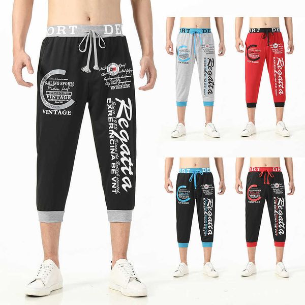 

2021 summer new fashion european size men's casual capris elastic printed pants, White;black