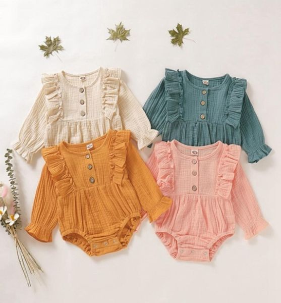 

baby girl clothes cotton linen girls romper ruffle infant jumpsuits long sleeve newborn playsuit solid children outfit baby clothi4364339, Blue