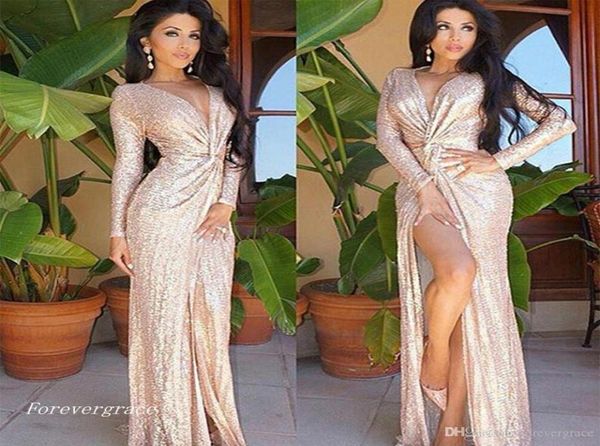 

2019 plunging v neck sheath evening dress split sequined long sleeves formal holiday wear prom party gown custom made plus size9915779, Black;red