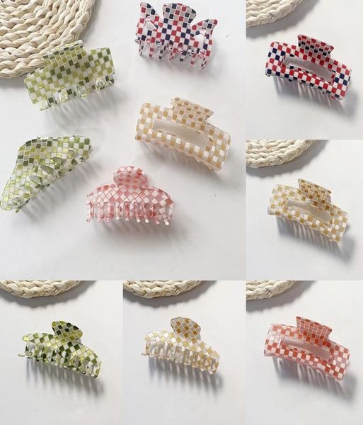 

european women large acetic acid checkered pattern plaid hair claw hair clip acrylic pink green hair accessories6852385, Slivery;white