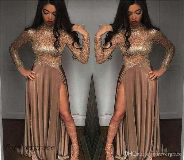 

2019 vintage high collar long sleeves prom dress lace split formal holidays wear graduation evening party gown custom made p4576991, Black