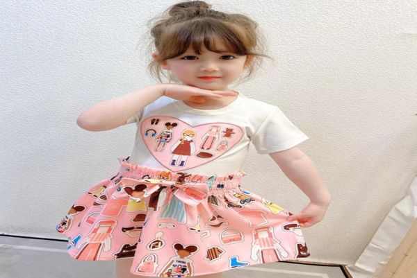 

summer girls cartoon printed dresses designer kids love heart bow short sleeve dress children pink pleated clothing a51486115456, Red;yellow