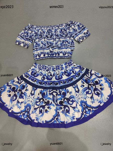 

womens designer clothing blue and white floral prints two piece dress size s-l off shoulder t-shirt and short skirt july02