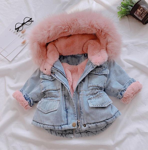 

2019 winter girls jackets fur hooded warm children039s denim coats cotton fleece jeans kids outerwear thick baby snowsuits clot9014707, Blue;gray